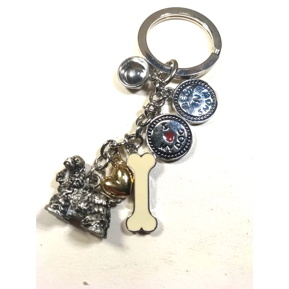 Dog Keychain Cocker Spaniel Bone Bowl Silver Tone - Picture 4 of 7
